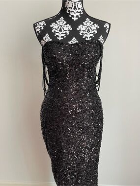 Strapless/off shoulder strap Black Sequin Evening Dress